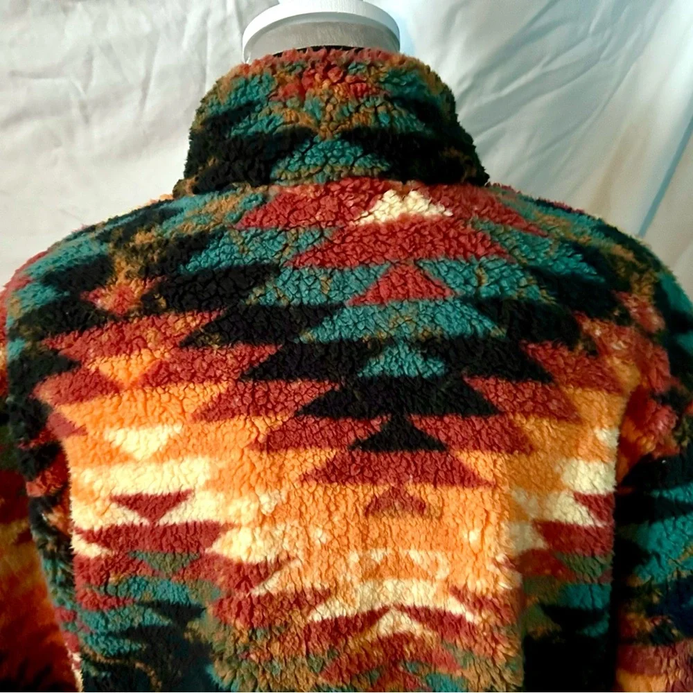 NWT Black, Orange Multicolor Southwestern Sherpa-Like Zip-Up Pullover, Size XL - Picture 8 of 10
